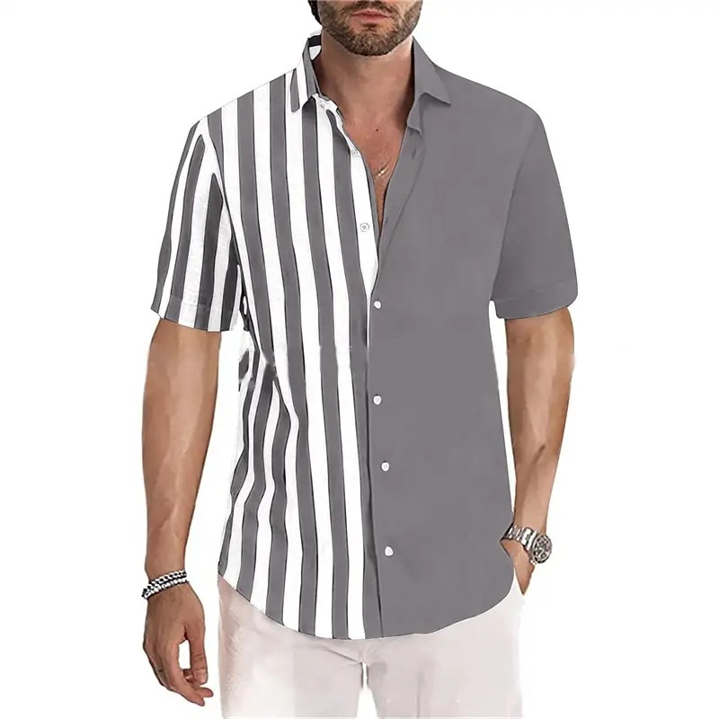 

Men's shirts casual and comfortable summer beach short-sleeved color-blocked striped lapels Hawaiian vacation patchwork clothing