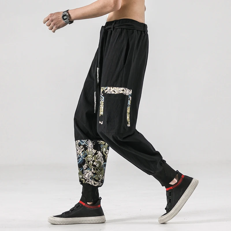 Men Linen Harem Pants Cotton Trousers Print Cross Crotch Vintage Chinese Style