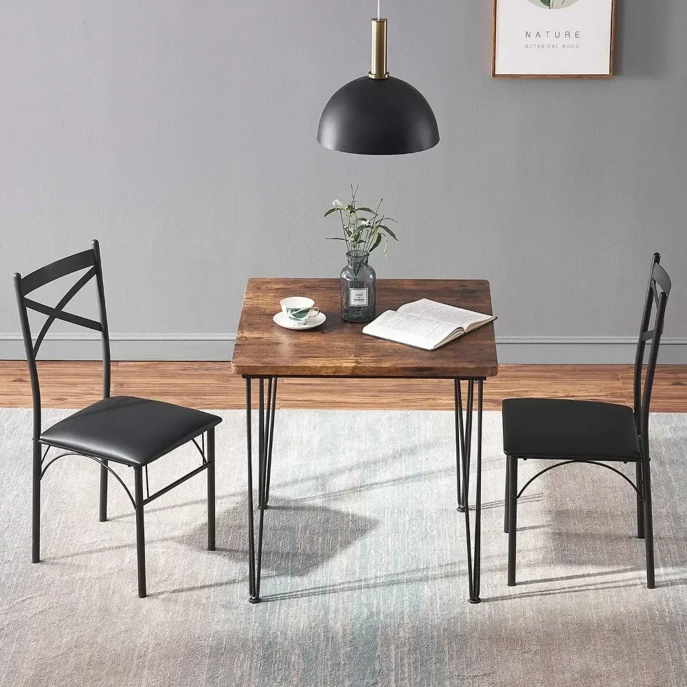 3-Piece Dining Room Kitchen Table and Pu Cushion Chair Sets for Small Space, Set of 3, Brown