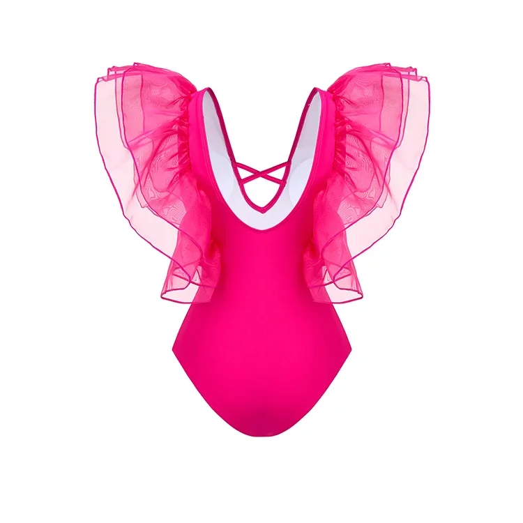 2023 Women's  Swimsuit  Mesh Ruffle Pink One Piece  Summer Beachwear Bathing Suit