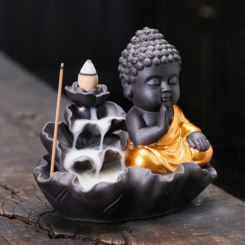 Ceramic Little Monk Smoke Backflow Burner Incense Stick Holder Maitreya Buddha Statue Porcelain Waterfall Censer Home Decor