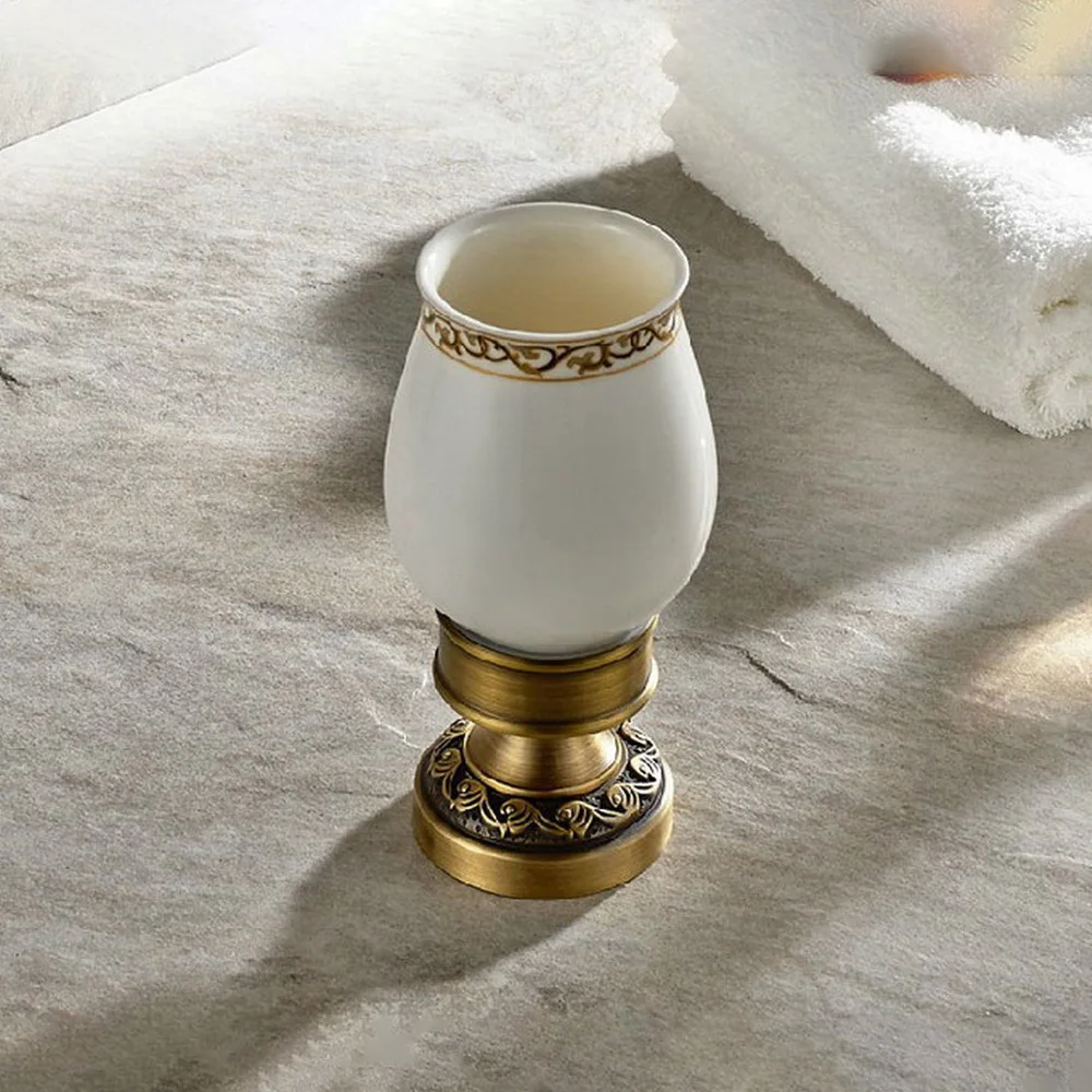 Antique Brass Carved Flower Pattern Toothbrush Holder with Single Ceramics Cup Deck Mounted Bathroom Accessories aba498