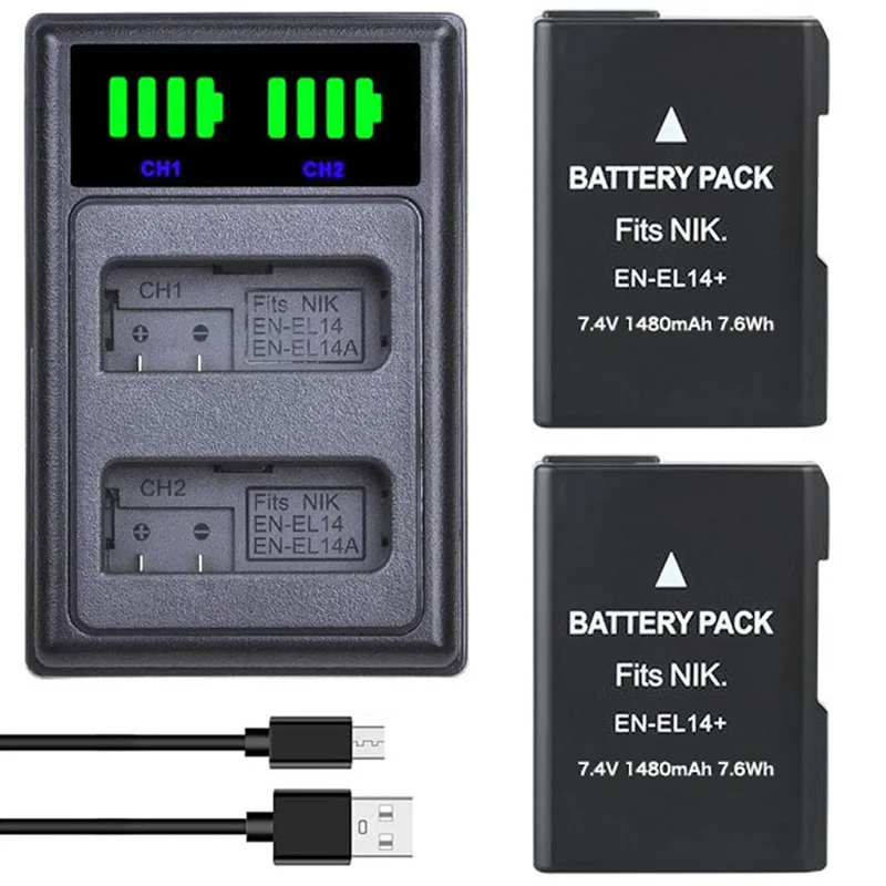 

1480mAh EN-EL14 EN EL14 Li-ion Camera Battery LED USB Charger For Nikon D3100 D3200 D3300 Rechargeable Battery for Nikon 7.2V