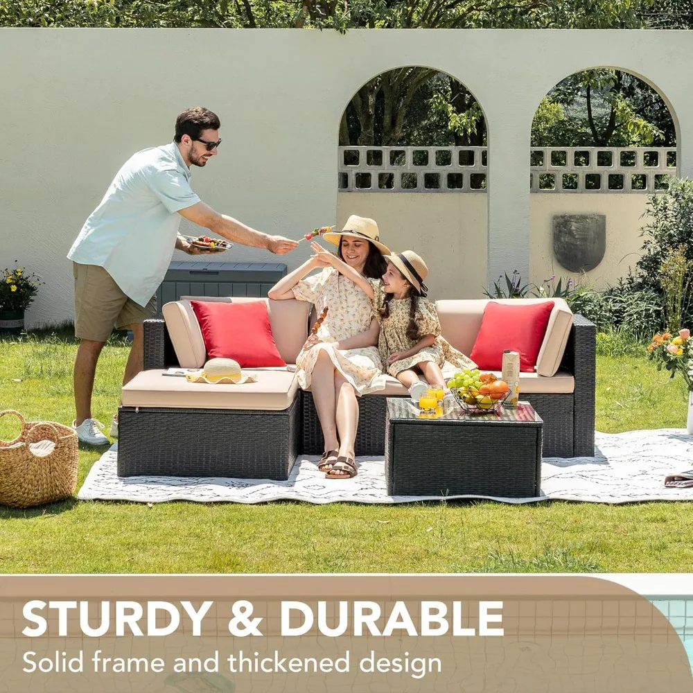 5 Pieces Patio Furniture Sets All Weather Outdoor Sectional Patio Sofa Manual Weaving Wicker Rattan Patio Seating Sofas 6