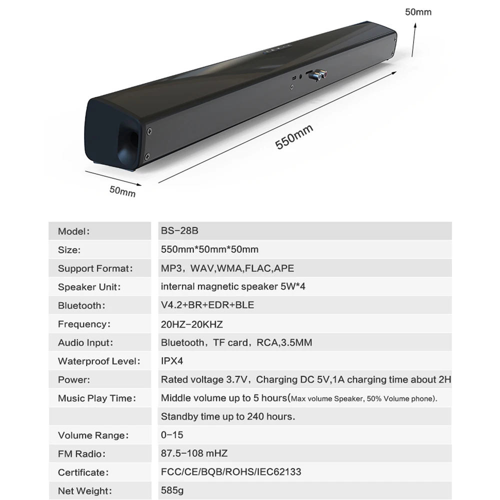 Bluetooth 5.0 Soundbar Speaker BS-28B Stereo Surround Sound Home Cinema System F