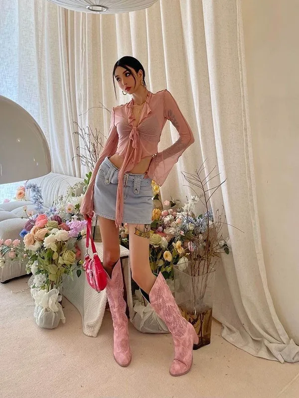 Long Flare Sleeve Blouses for Women Lace-up Mesh Sexy