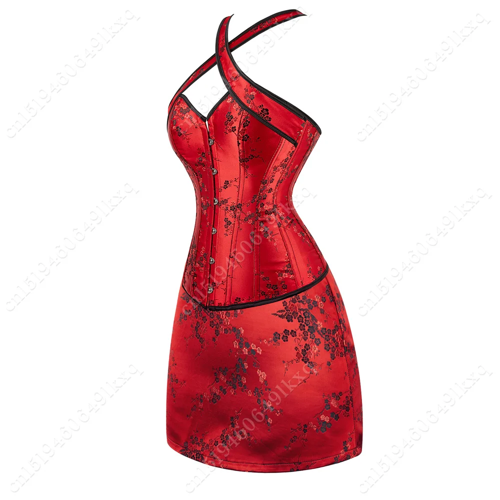 Red Corset Dress Sexy Overbust Corset Floral Gothic Skirts for Women Red Satin Corset with Skirt Set Black Burlesque Dress