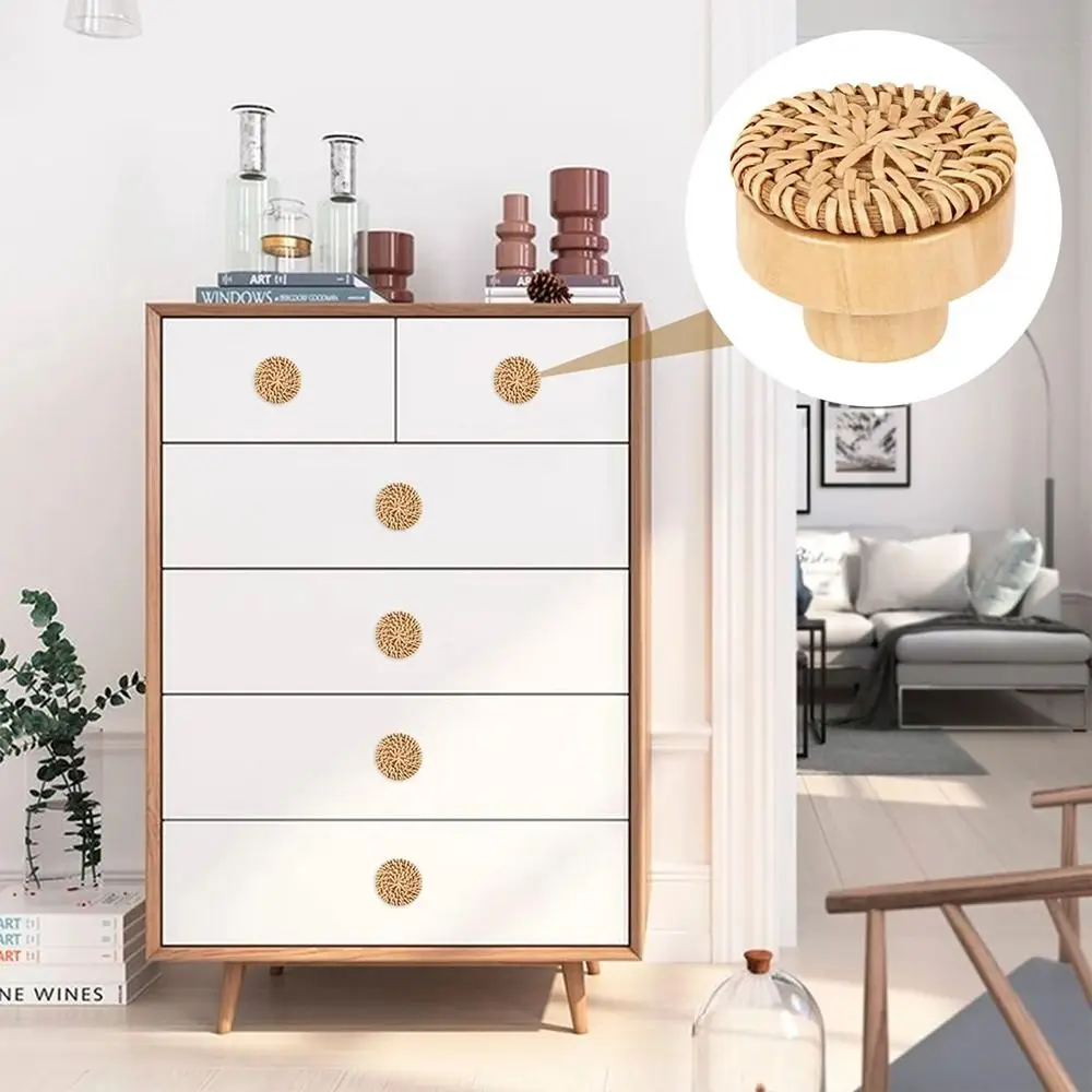 2Pcs Solid Wood Rattan Drawer Knobs Round Single Hole Cabinets Dresser Handles DIY Wooden Door Pulls