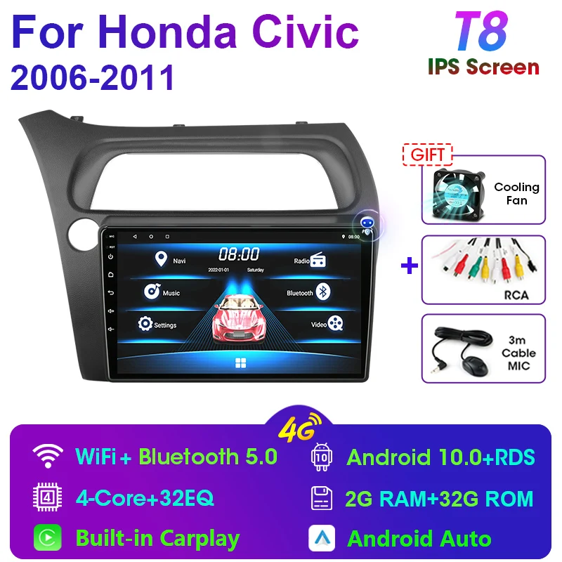 2 Din Android 11 Car Radio For Honda Civic Hatchback 2006-2011 Multimedia  Video Player Navigation GPS 4G Carplay Auto Stereo RDS