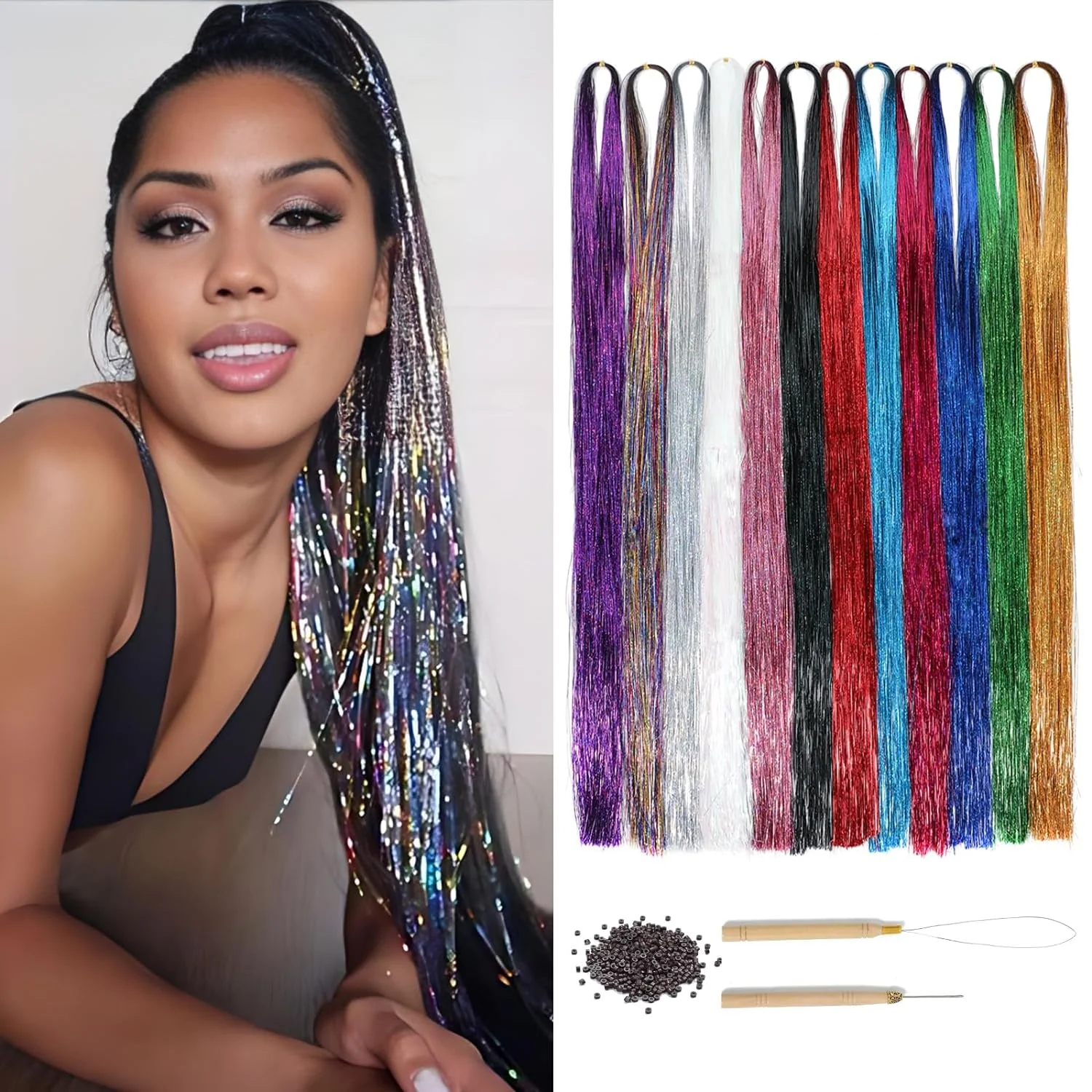 Tinsel Hair Extensions 36 48Inch 12 Colours with Kit Tools Highlights Glitter Hair Accessories for Girls Party Christmas Cosplay