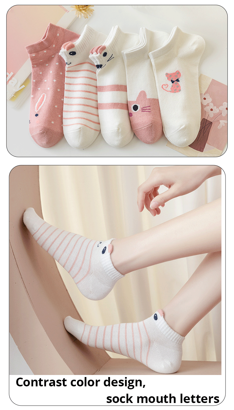 5 Paar Damen kurze Röhren socken rosa Katze dünn vier Jahreszeiten niedliches Boot socken top in trend igen Socken – Detail 5