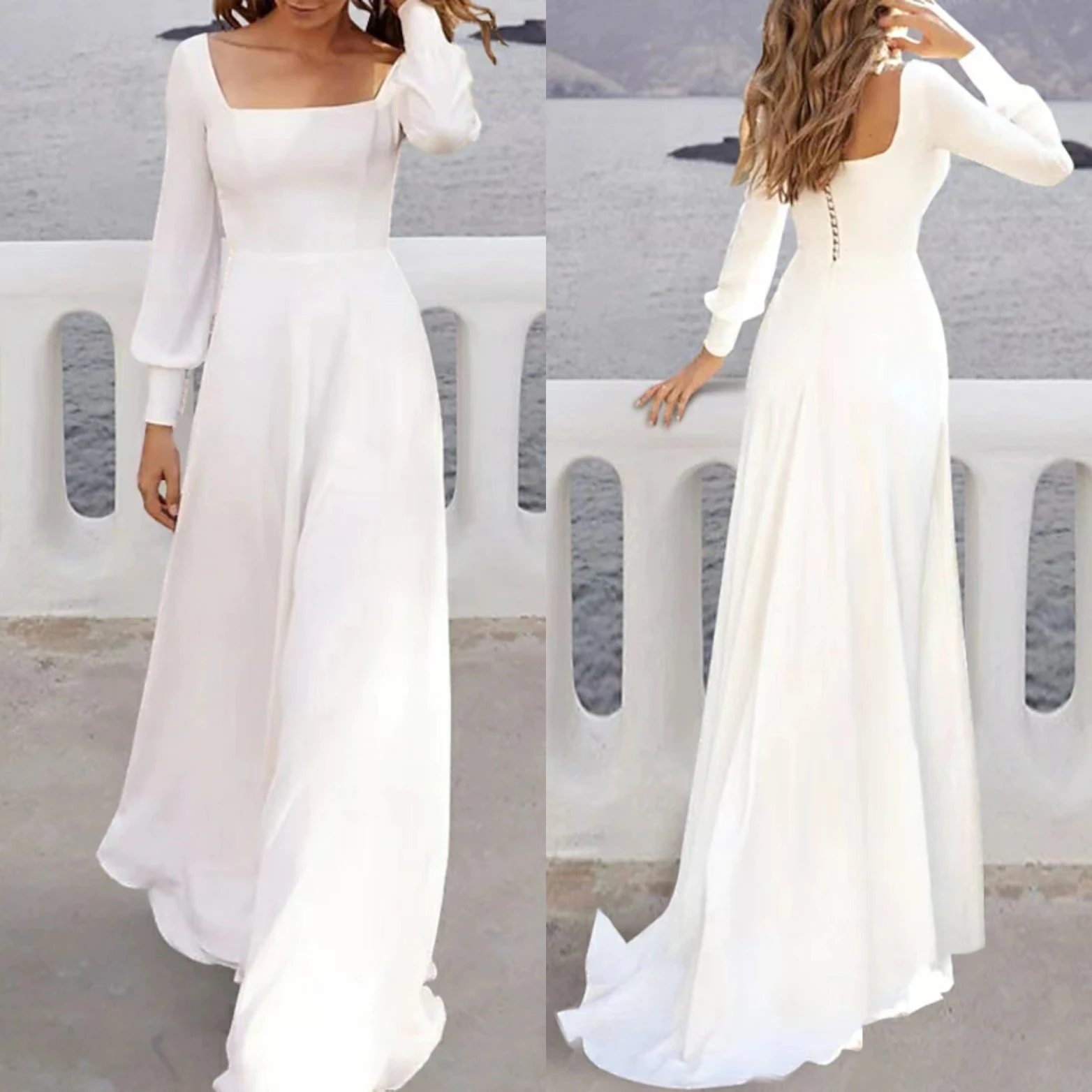 

each Casual Open Back Wedding Dresses Sweep / Brush Train A-Line Long Sleeve Square Crepe Spring & Summer Bridal Gowns