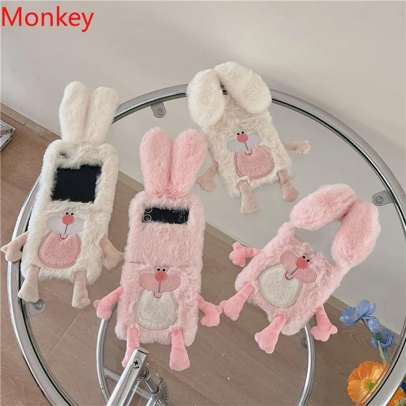 Cute Soft Fluffy Pink Rabbit Ears Custodie In Pelliccia Calda Per Samsung Galaxy Z Flip 5 4 3 2 1 Zflip3 Zflip5 Cover Fashion Hard Phone Case