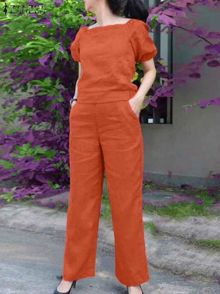 

ZANZEA 2PCS Summer Women Matching Sets Outfits Short Sleeve Blouse & Wide Leg Pants Urban Tracksuits Fashion Solid OL Work Suit