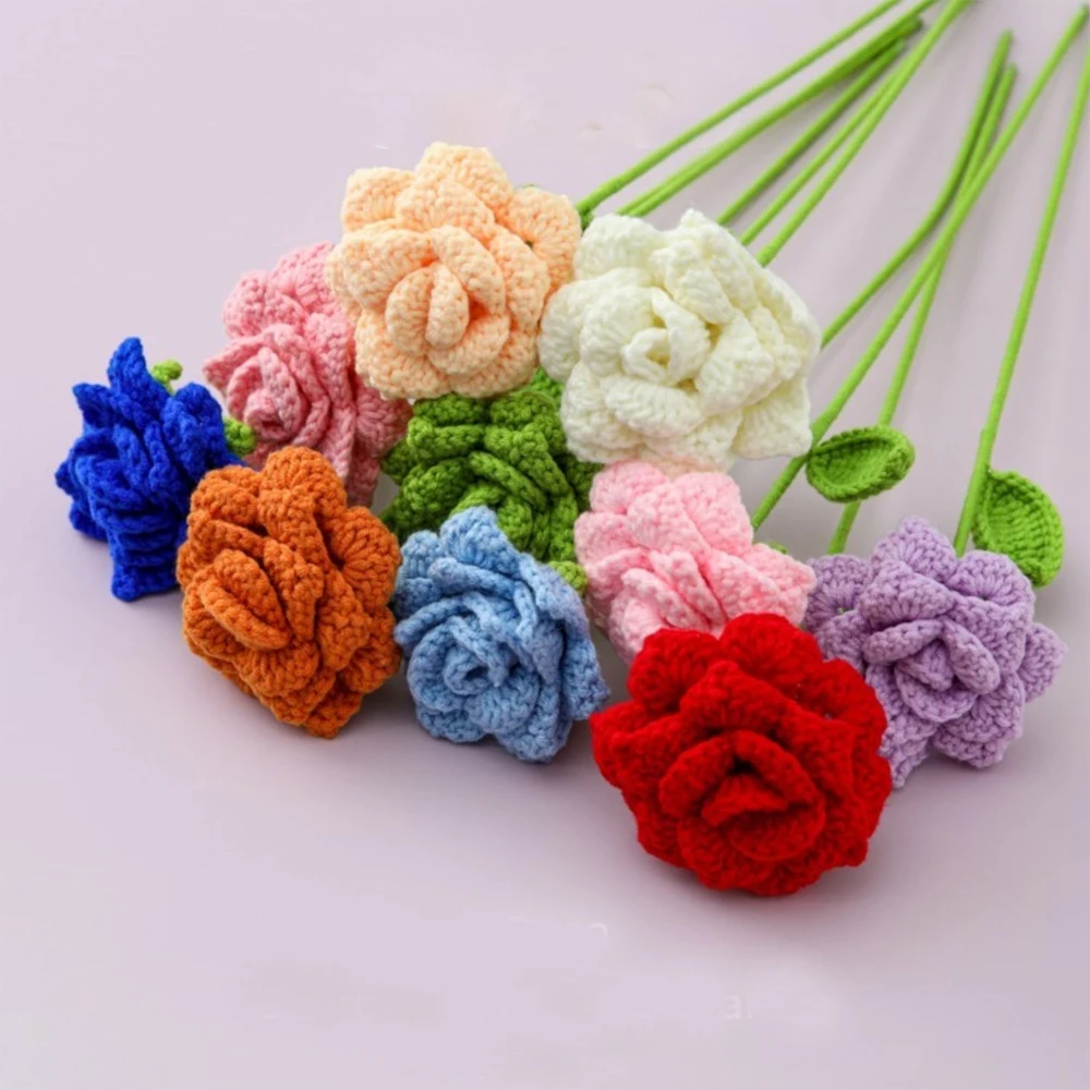 Elegant Rose Knitted Flower Bouquet - Handcrafted Crochet Floral Decor for Weddings and Home Parties