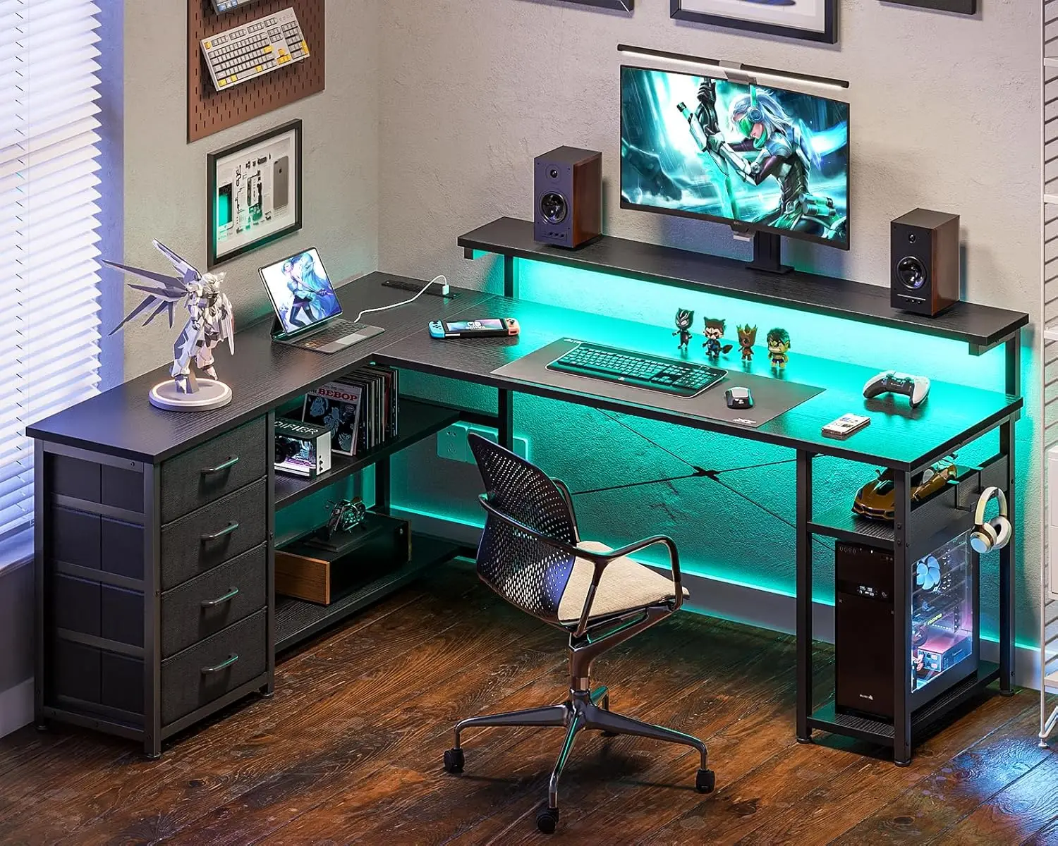 61" L Shaped Desk with Drawer, Computer Desk with Power Outlets & LED Lights, Reversible Corner Gaming Desk for Home Office 6