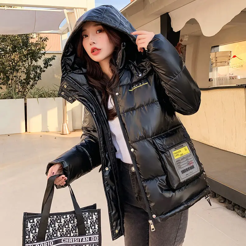 2023 New Women Down Cotton Coat Winter Jacket Female Short Glossy Parkas Loose Warm Outwear Hooded Fashion Versatile Overcoat