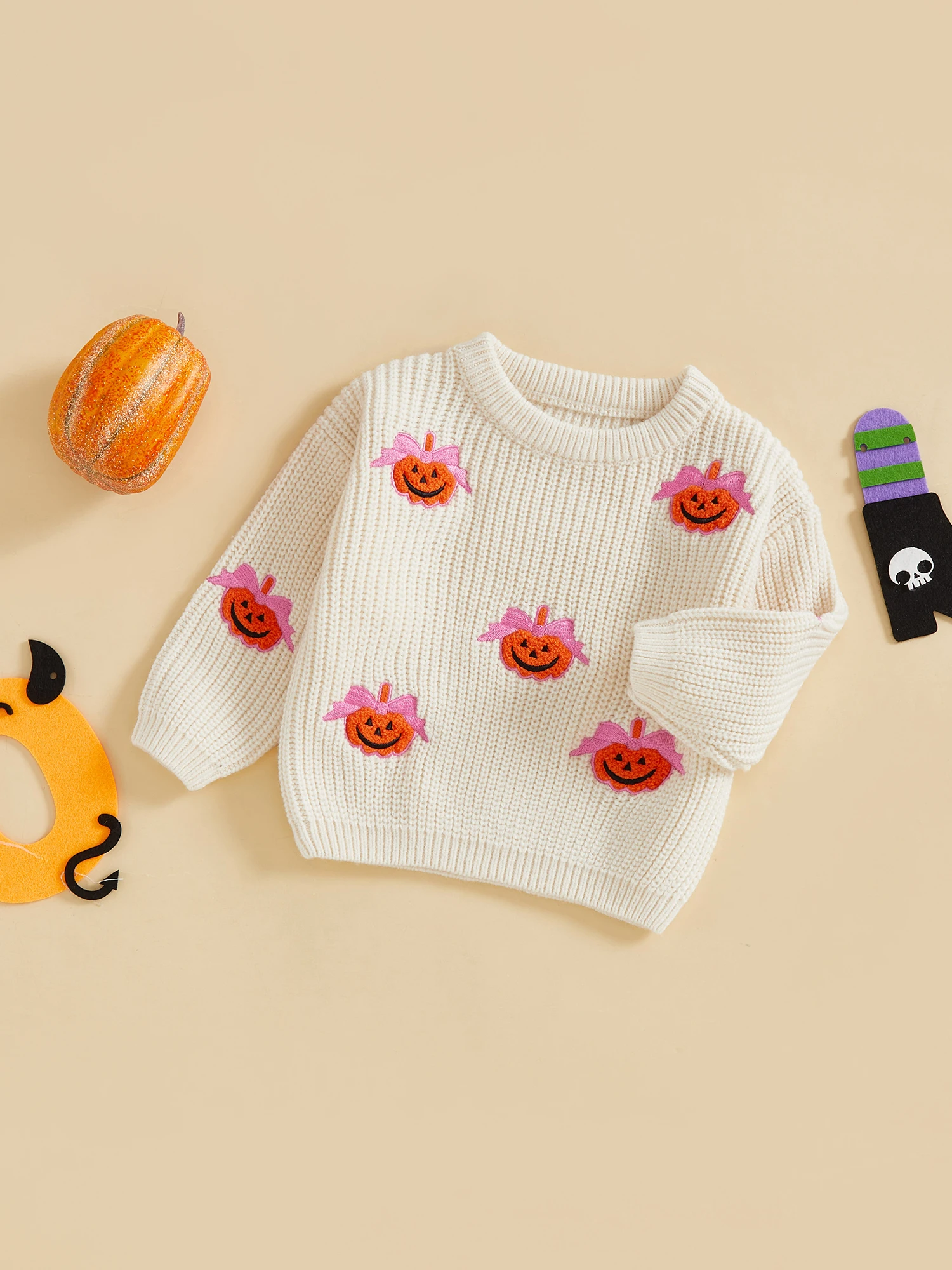 FOCUSNORM 0-5Y Schöne Baby Jungen Mädchen Halloween Pullover Langarm Rundhals Schleife Kürbis Stickerei Stricken Pullover Tops – Detail 3