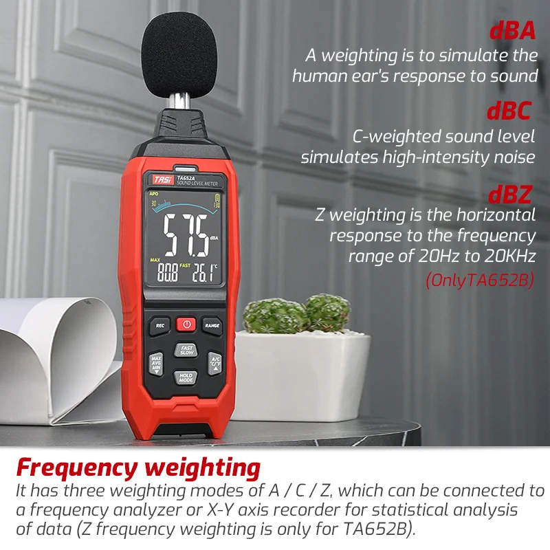 TASI TA652A TA652B Digital Sound Level Meter 30-130dB Noise Measuring Instrument Environmental tester LCD Screen 5