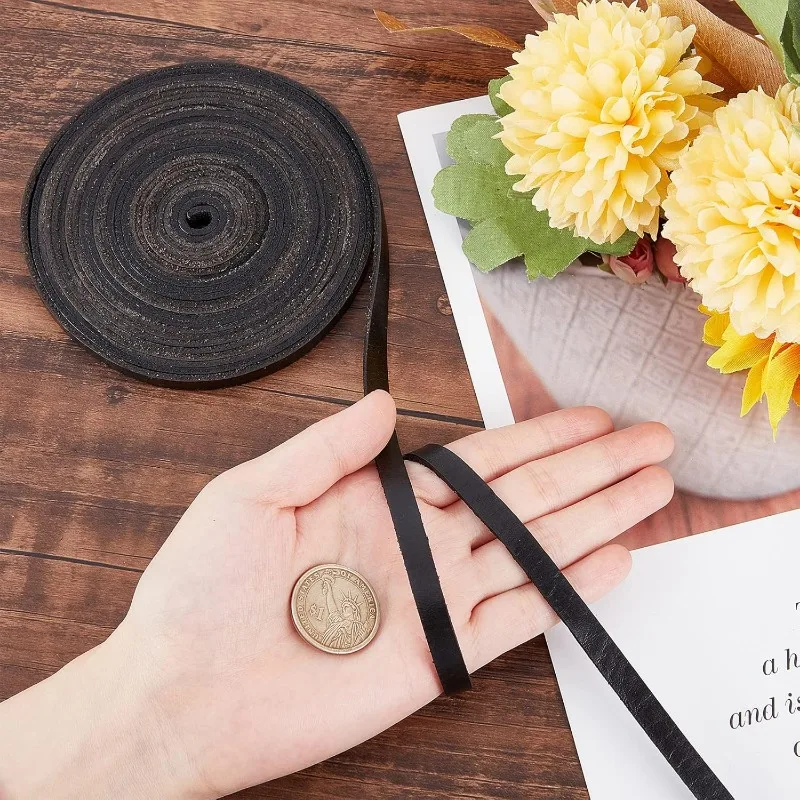 8mm Black Flat Genuine Leather Cord Natural Leather String Lace Strips Full Grain Cowhide Braiding String Roll Jewelry 55Yds