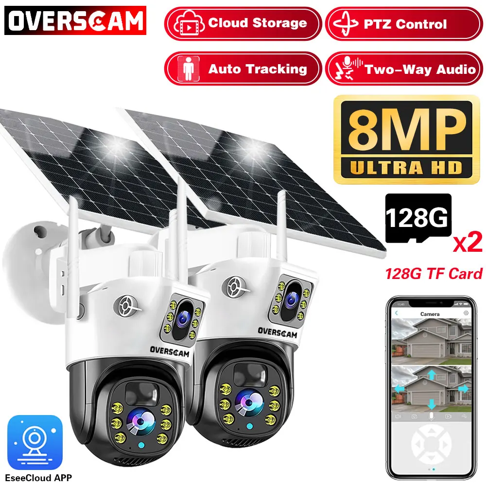 Dual Lens/View Solar Battery Camera 4K 8MP PTZ Security Outdoor Audio Cameras Wifi Wireless Surveillance PIR Detection IP Cam