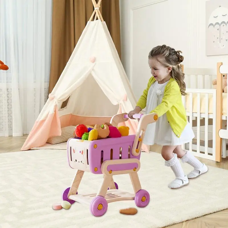 Shopping Cart Toy Pretend Play Shopping supermarket Handcart Toy Fruits and Vegetables Shopping Cart Trolley  for kids 3+ 3