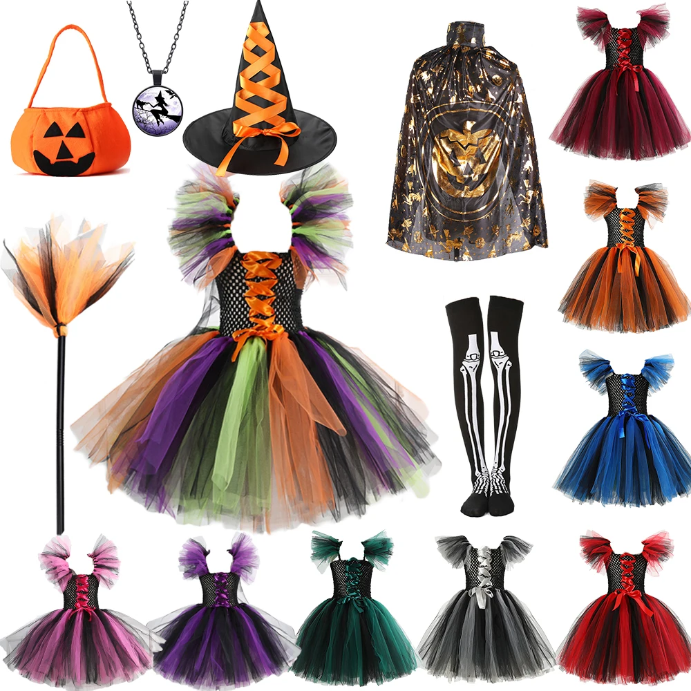 

Halloween Girls Witch Costume Carnival Festival Stage Performance Gothic Vampire Dress Up Fluffy Ballet Tutu Dress Accessories