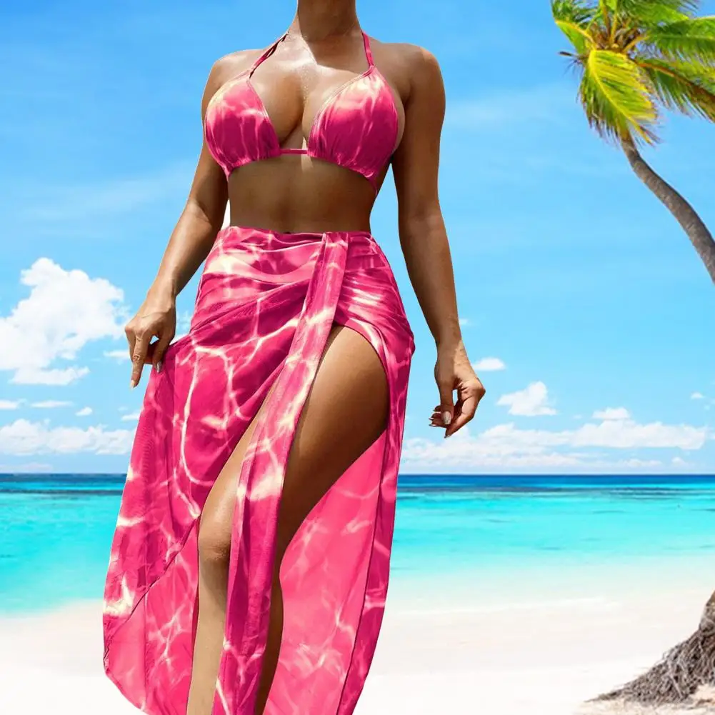 

Summer Beach Bikini Set Tie-dye Lace-up Halter Neck Swimsuit Set for Women High Waist Bikini with Color Matching Design Summer