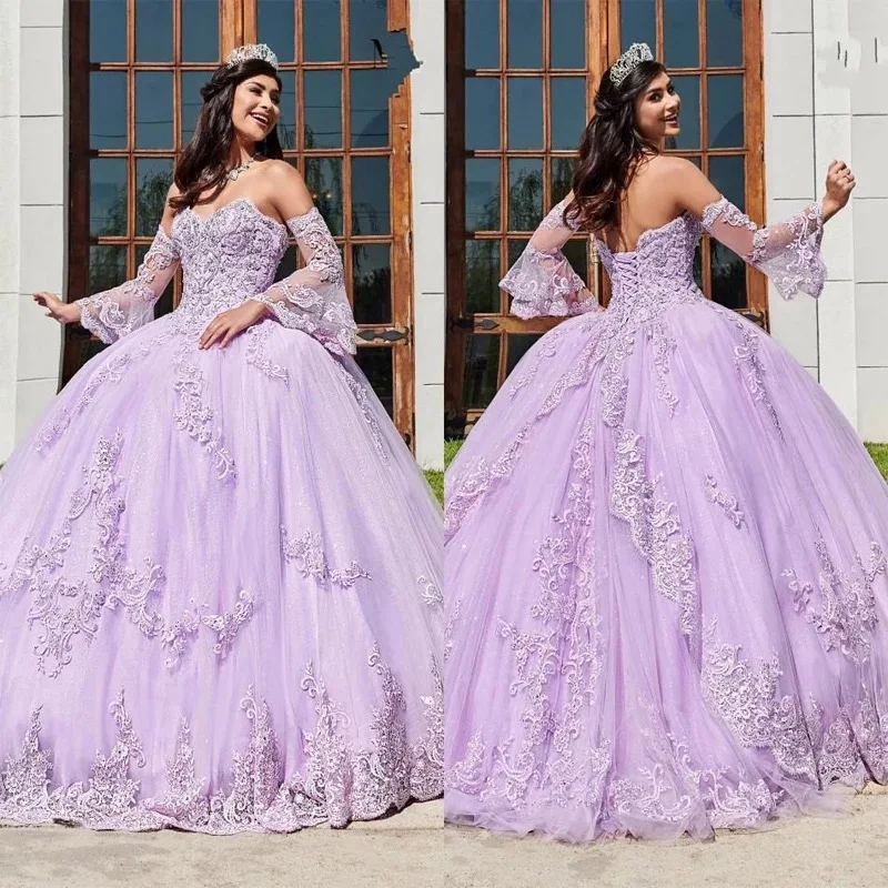 

Lilac Princess Quinceanera Dresses Detachable Flare Sleeve Sweetheart Off Sholder Lace Appliques Party Ball Gown Sweet 15 Dress