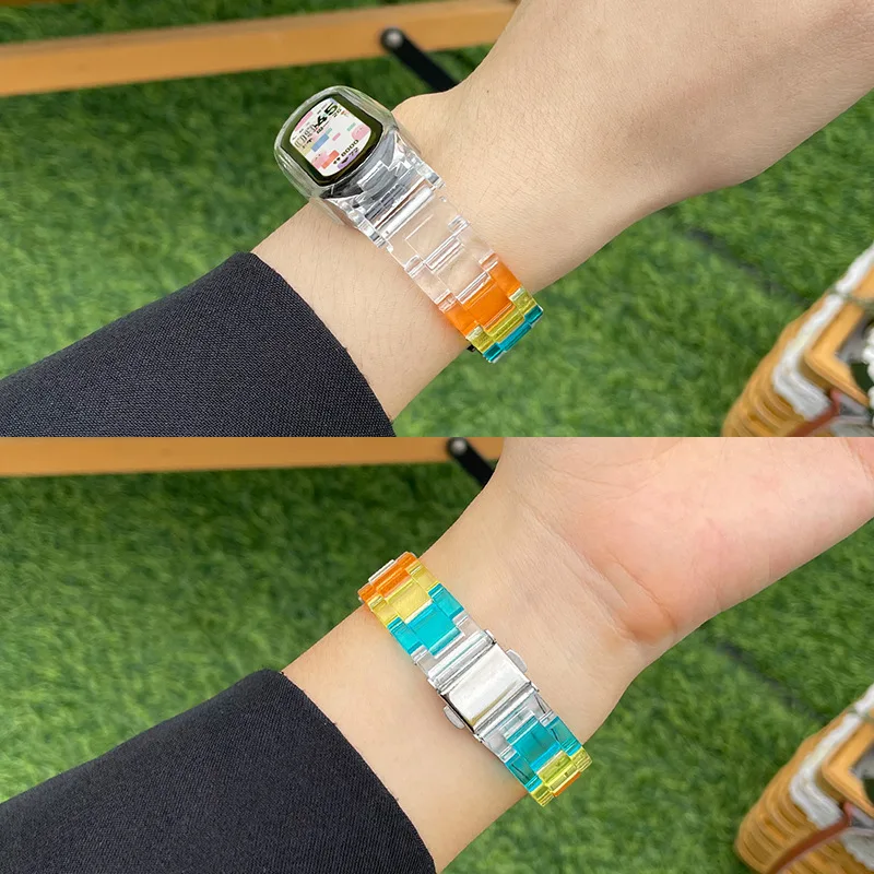 Color Collision Resin Watch Strap with Transparent Protective Cover Wristband