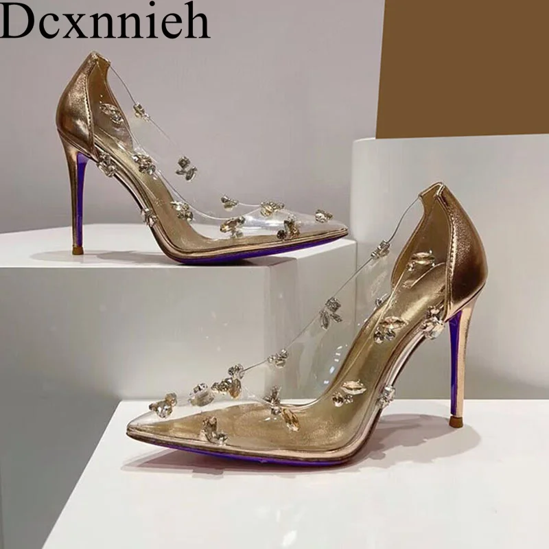 

New Women's PVC Transparent Thin Heels Pumps Pointed Rhinestone Decor Single Shoes Spring Autumn Dress Shoes Wedding Shoes