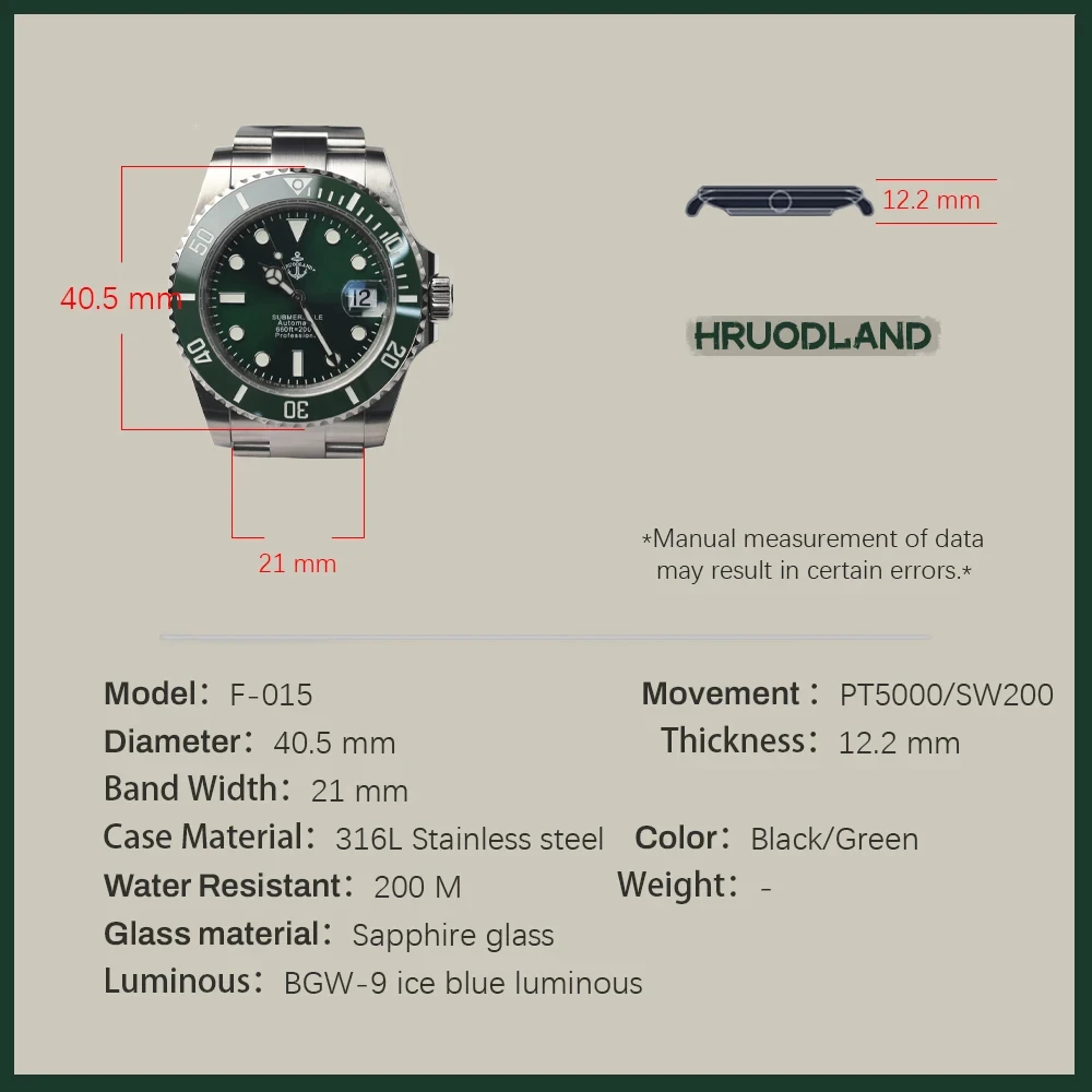 Hruodland 2024 Classic high-end Automatic Mechanical Men Watches Sapphire Glass Stainless waterproof Steel watch reloj hombre