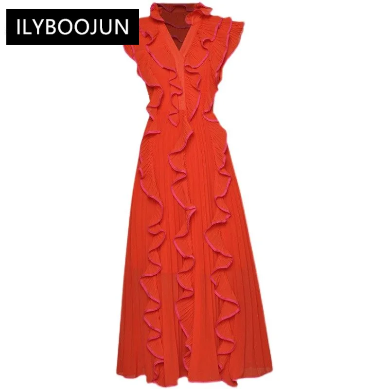 

Dresses For Women 2023 Luxury Brand High Quality Women V-neck Chiffon Elegant Ruffles Solid Pleated Midi Dress