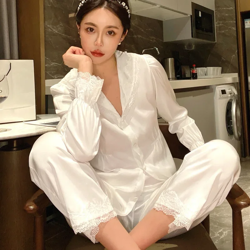

New Women Lace Pajamas Two-Piece Set Spring Summer Silky Satin Sleepwear Intimate Intimate Casual Trouser Pijamas Suit Homewear