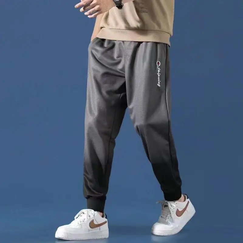 Korean Version Autumn Trend Versatile Sports Pants Men's Gradient Color Elastic Waist Drawstring Pocket Print Straight Trousers