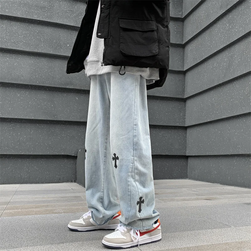 

Hip-hop Men's Y2K Blue Jeans Wide Baggy Printed Denim Pants For Women Straight Trousers Teachwear Streetwear