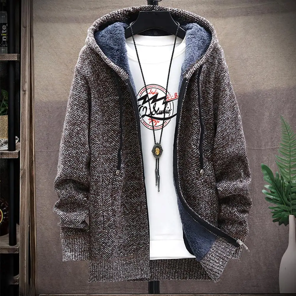 

Men Spring Autumn Solid Color Knitting Sweater Coat Hooded Long Sleeve Pockets Zipper Placket Ribbed Hem Cardigan Coat