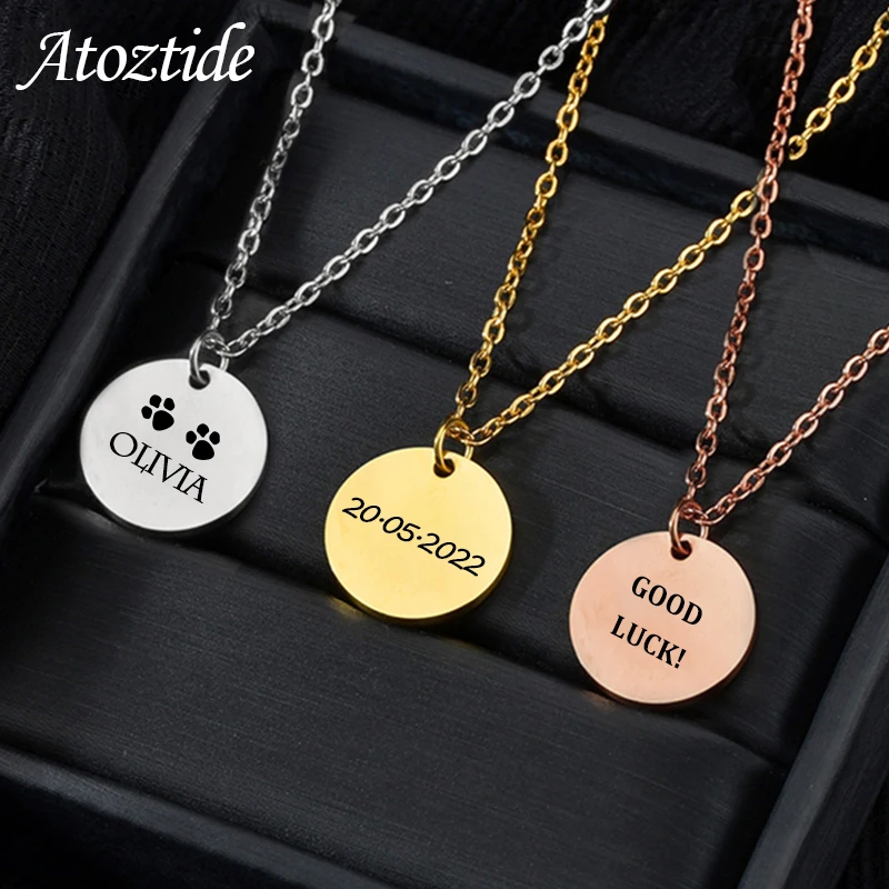 

Atoztide Custom Name Necklace Stainless Steel for Women Personalized Engrave Pattern Coin Circle Chain Pendant Jewelry Gift