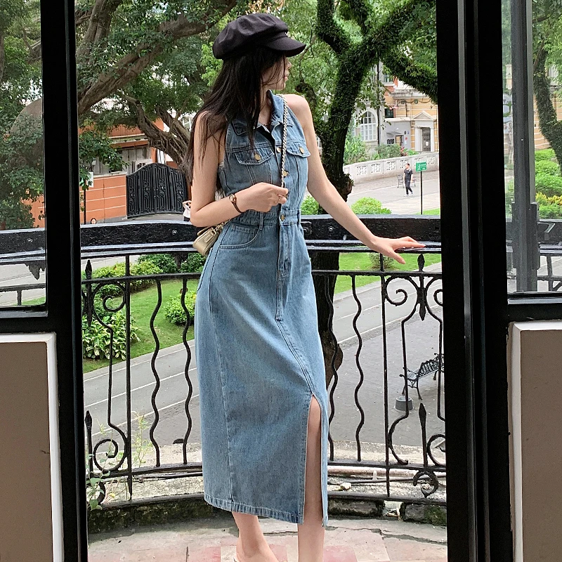 

Korean Fashion Sleeveless Denim Dress Women Streetwear Summer Split Long Jeans Dresses Vestidos