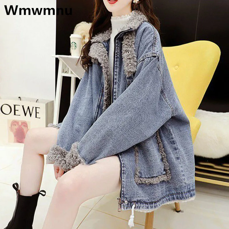 

Casual Plush Velvet Denim Jacket Womens Thicken Jeans Coats Korean Fashion Loose Lambwool Vaqueras Chaquetas Warm Winter 2023