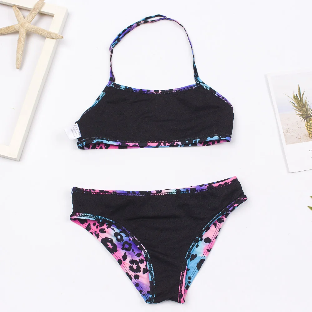girls swimsuit 7-14 years falbala leopard print girls kids swimsuit swimwear kid summer bikinis set children halter biquini swimming suit