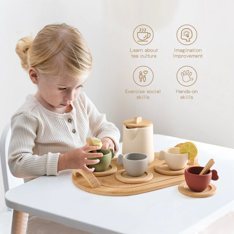 Wooden Children Montessori Toy Teapot Teacup Simulation Kitchen Utensil  BPA Free Silicone Kid Education Pretend Play Toy Gift 4
