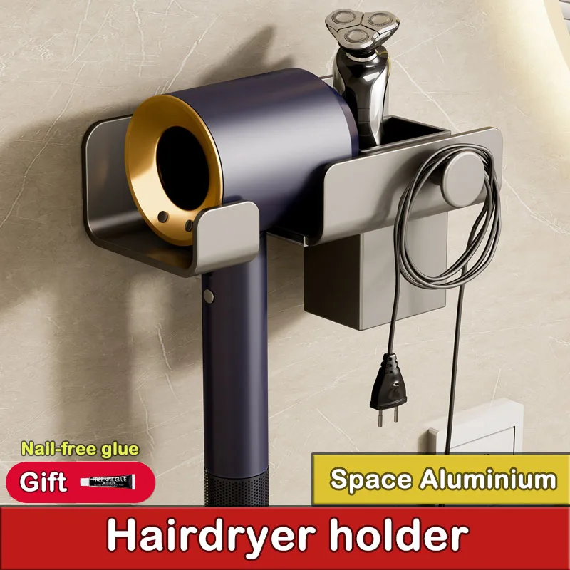 

Space Aluminium Wall Mounted Hair Dryer Holder with Hook Storage Shelf Hairdryer Stand Bathroom Utensils Accessories