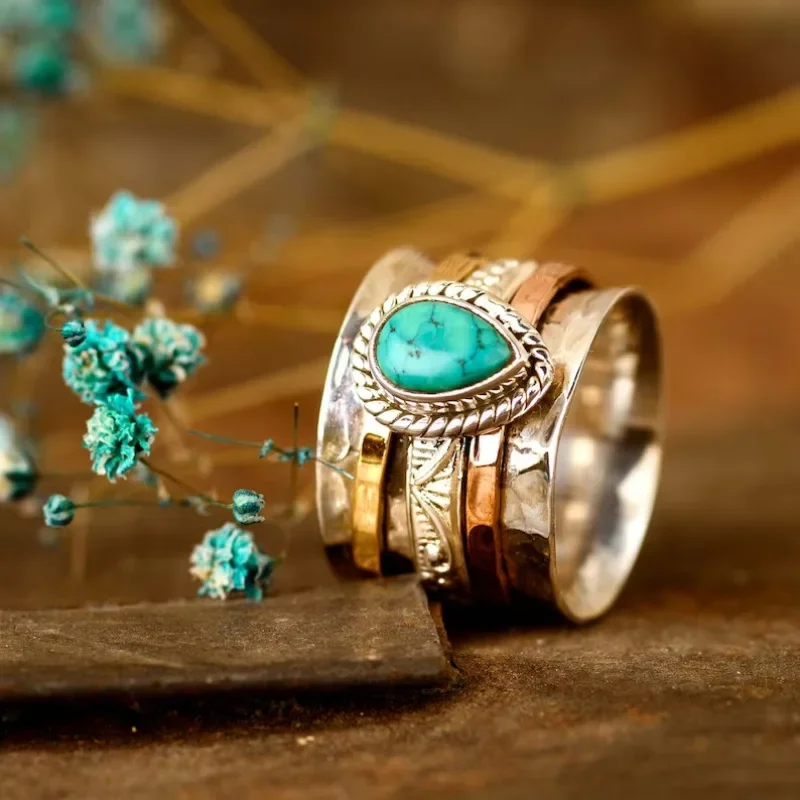 Bohemian Rings Vintage Turquoise Plated Tricolor Men's and Women's European and American Wedding Gemstone Rings