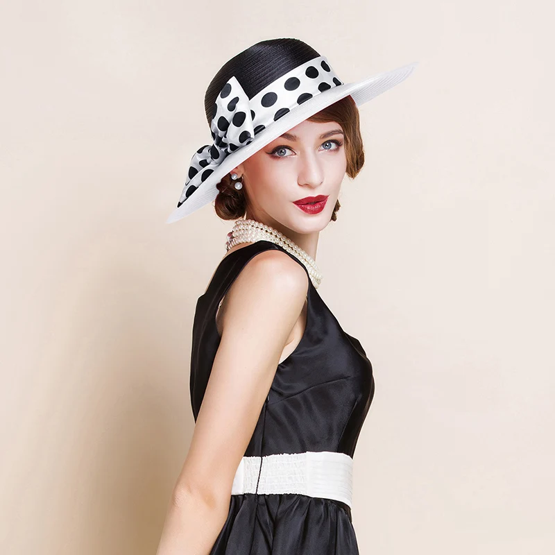 FS Elegant Women Wide Brim Rose Black Patchwork Polka Dots