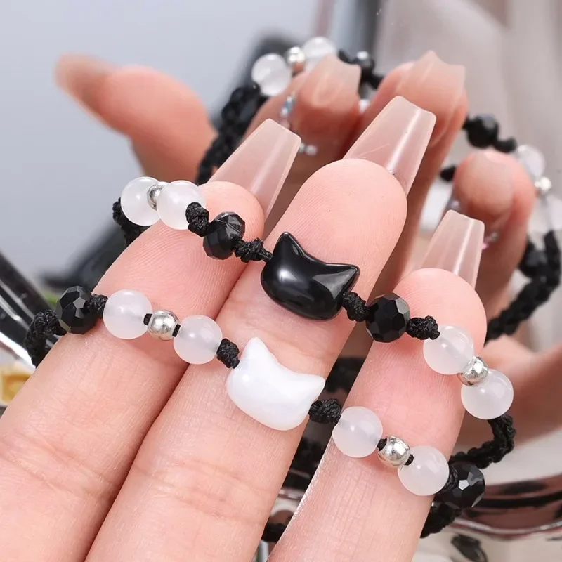 2pcs Natural Moonstone Black White Cat Bracelets Women Couple Minimalist Bracelet Handmade Bracelet Party Animal Jewelry Gifts