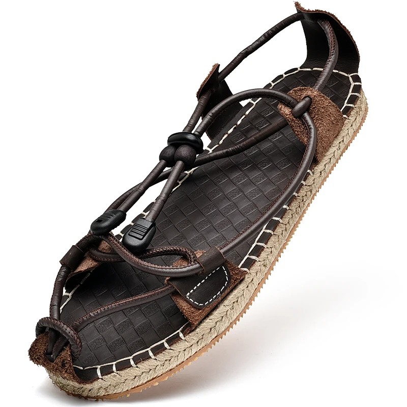

Chinese Style Retro Cowhide And Weaved Straw Sandals Men New Brand Summer Fashion Breathable Comfy Casual Leather Straw Slippers