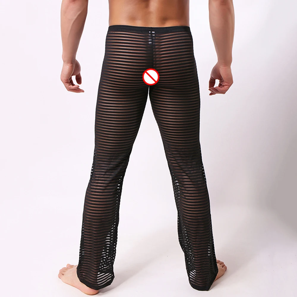 Sexy Men Sleepwear Pants See-Through Breathable Stripe Breathable Soft Pajamas Sleep Bottoms  Trousers Homewear Underpants men's pajama sets