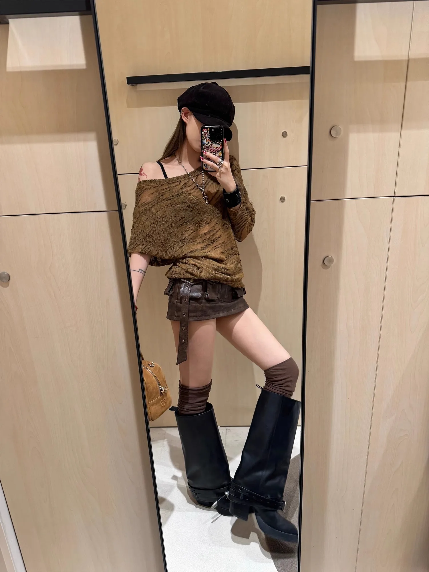 Lautaro Spring Summer Cool Sexy Vintage Distressed Brown Pu Leather Mini Skirt Women Three-dimensional pockets Belt Streetwear 5