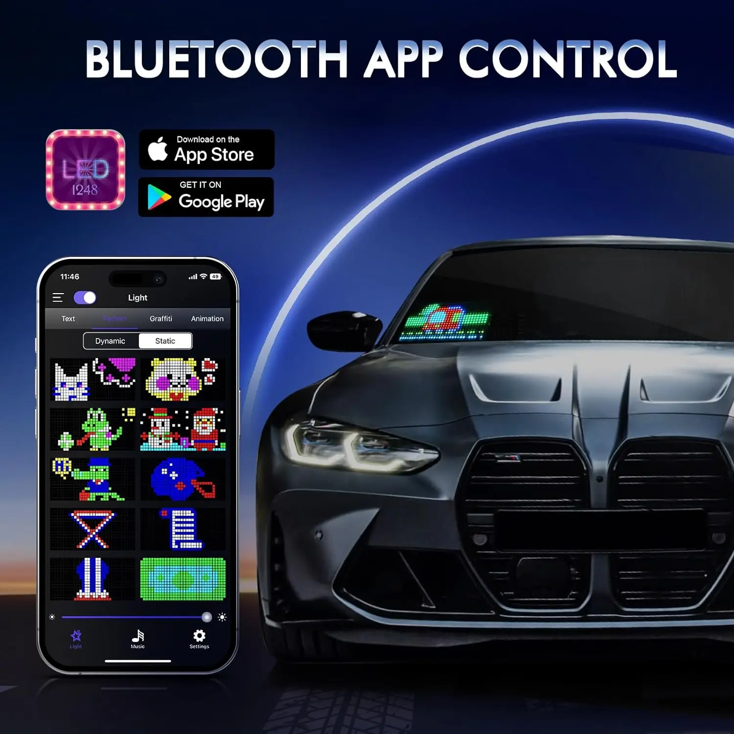 LED matice pixel panel lehký APP Bluetooth ovládání USB LED auto značka animace programovatelná plný barva pružné rolování obrazovka